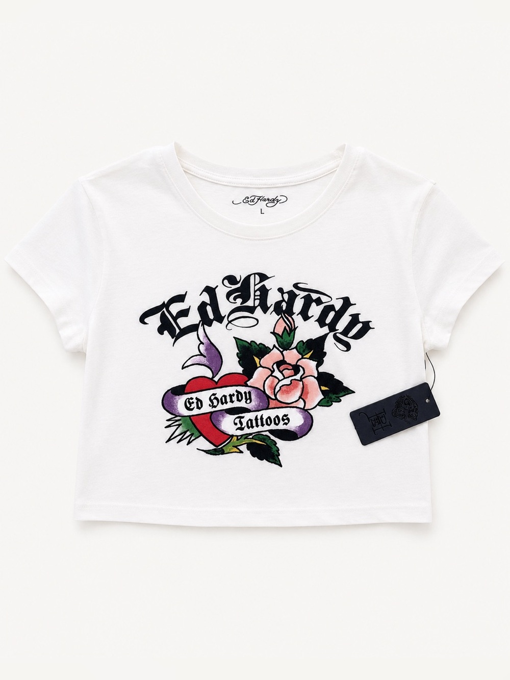 Ed Hardy Y2K Tattoo Graphic Baby Tee Heart Rose White Crop Top Size L